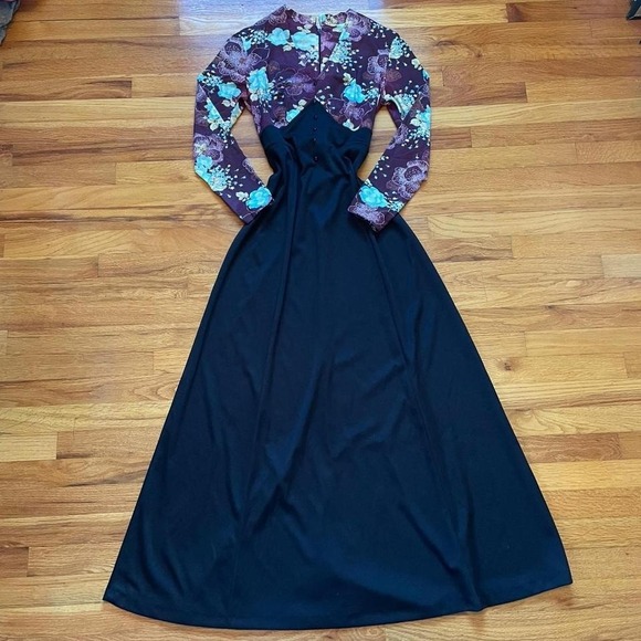 American Vintage Dresses & Skirts - Vintage 70s Black & Brown Maxi Dress Size M Prairie Girl Whimsygoth Retro